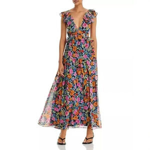 New Aqua Bloomingdales‎ Chiffon Tiered Multi Color Floral Maxi Dress Women's XL